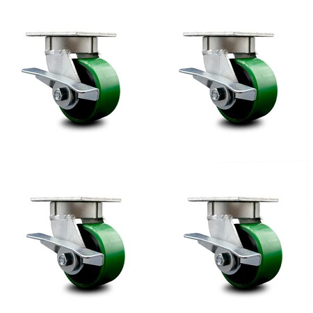 Service Caster 4 Inch Kingpinless Green Poly on Steel Wheel Swivel Caster Set with Brakes SCC SCC-KP30S420-PUR-GB-SLB-4